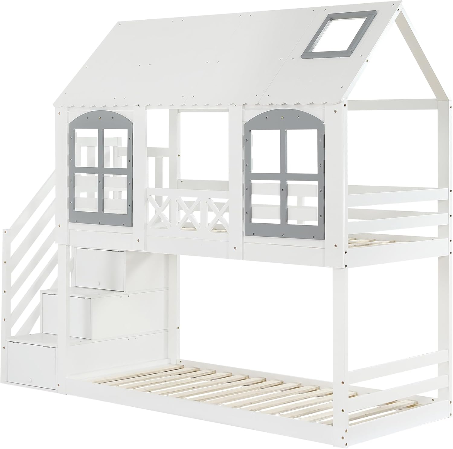Merax Etagenbett 90x200cm, Kinderbett Hochbett für 2 Kinder, Baumhausbett mit Rausfallschutz & Lattenrost, Hausbett mit Dach & Fenster, Platzsparendes Stockbett mit Stauraumtreppe, Jugendbett, Weiß