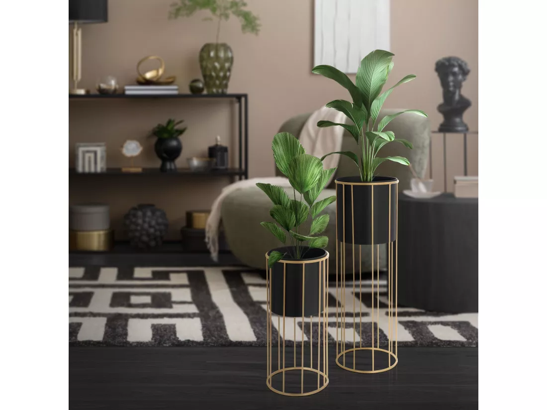 ML-Design Support pour fleurs, set de 2, noir-or, 21x46,7/24x70,5 cm, rond, acier, support pour pots de fleurs avec cache-pot, support pour plantes en métal, support pour pots de fleurs 2 pièces, pot de plantes Deko Colonne pour fleurs Tabouret pour