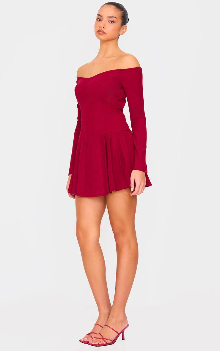 Rouge Bordeaux Robe Droite Tissée À Épaules Dénudées Et Manches Longues