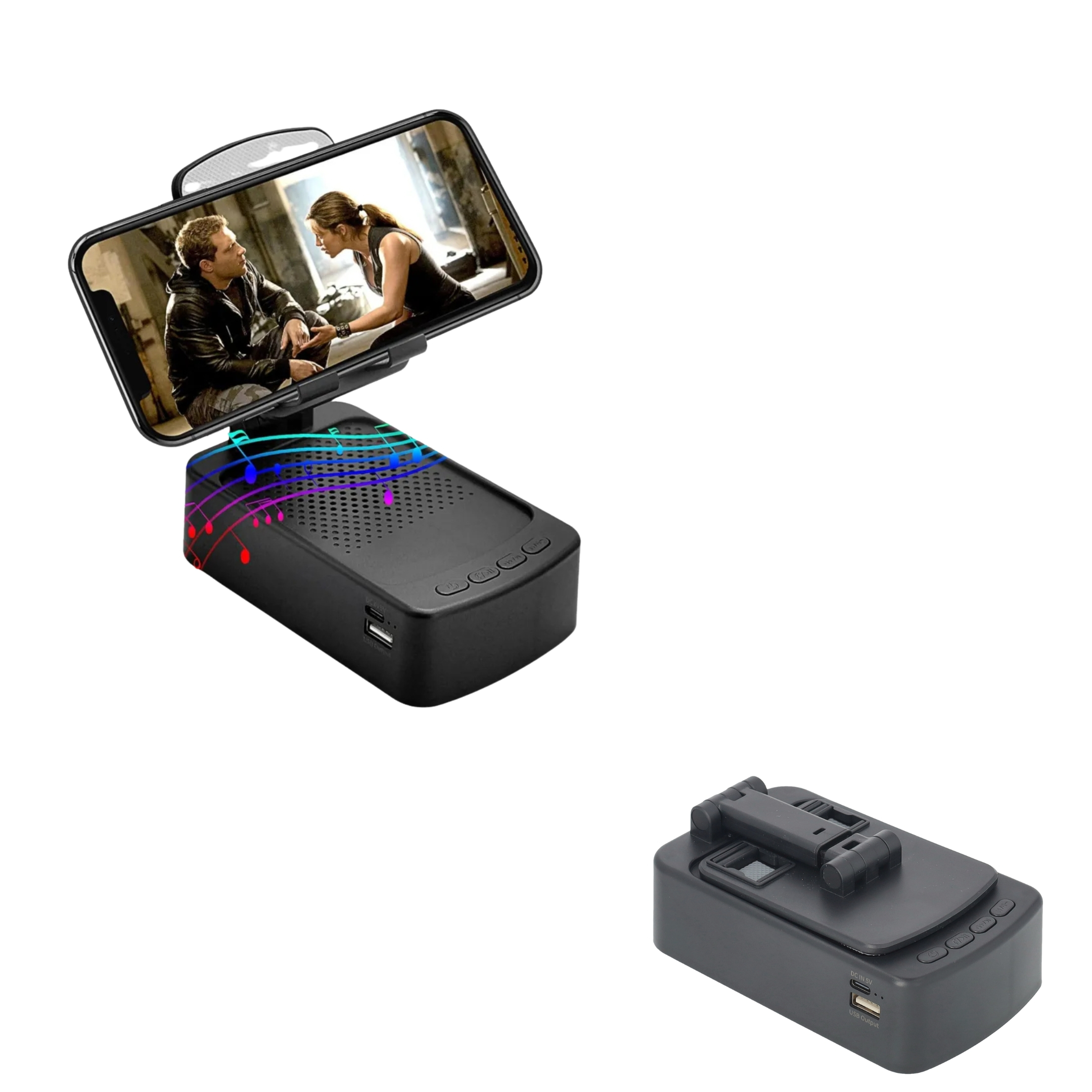 2in1 Mini Bluetooth Lautsprecher mit Smartphone / Tablet Halterung - Schwarz