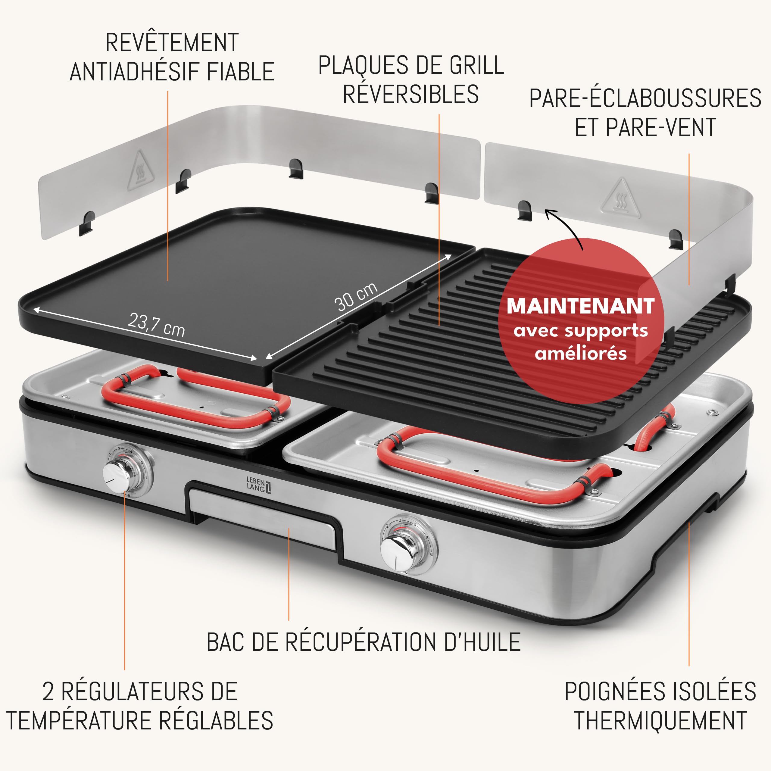LEBENLANG 2400W Plancha électrique – Avec pince à barbecue & Protection contre les éclaboussures I Pour intérieur & exterieur I Plancha grill electrique Inox Grills électriques XXL