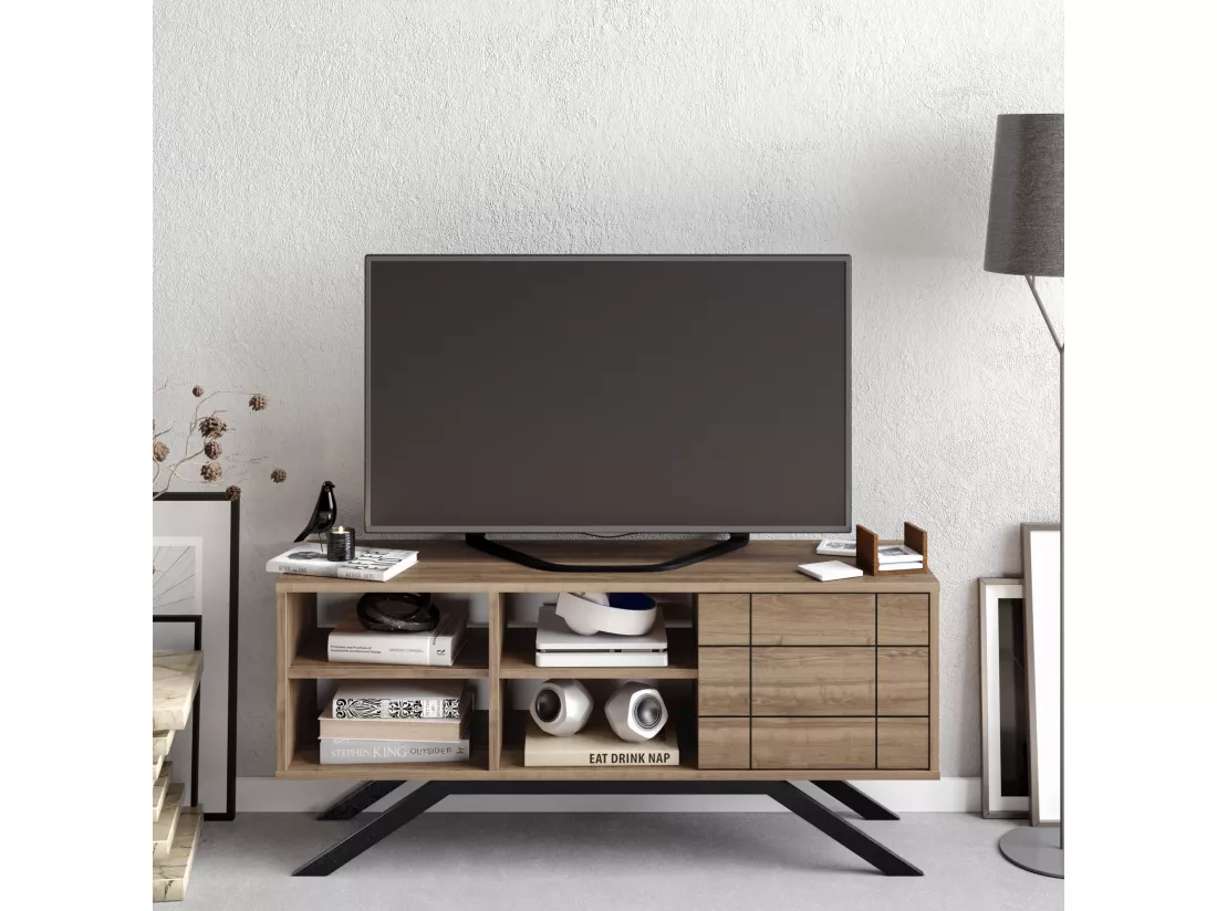 Meuble TV North 130 cm avec cabinet et étagès, pieds en métal (Noir et Noyer)