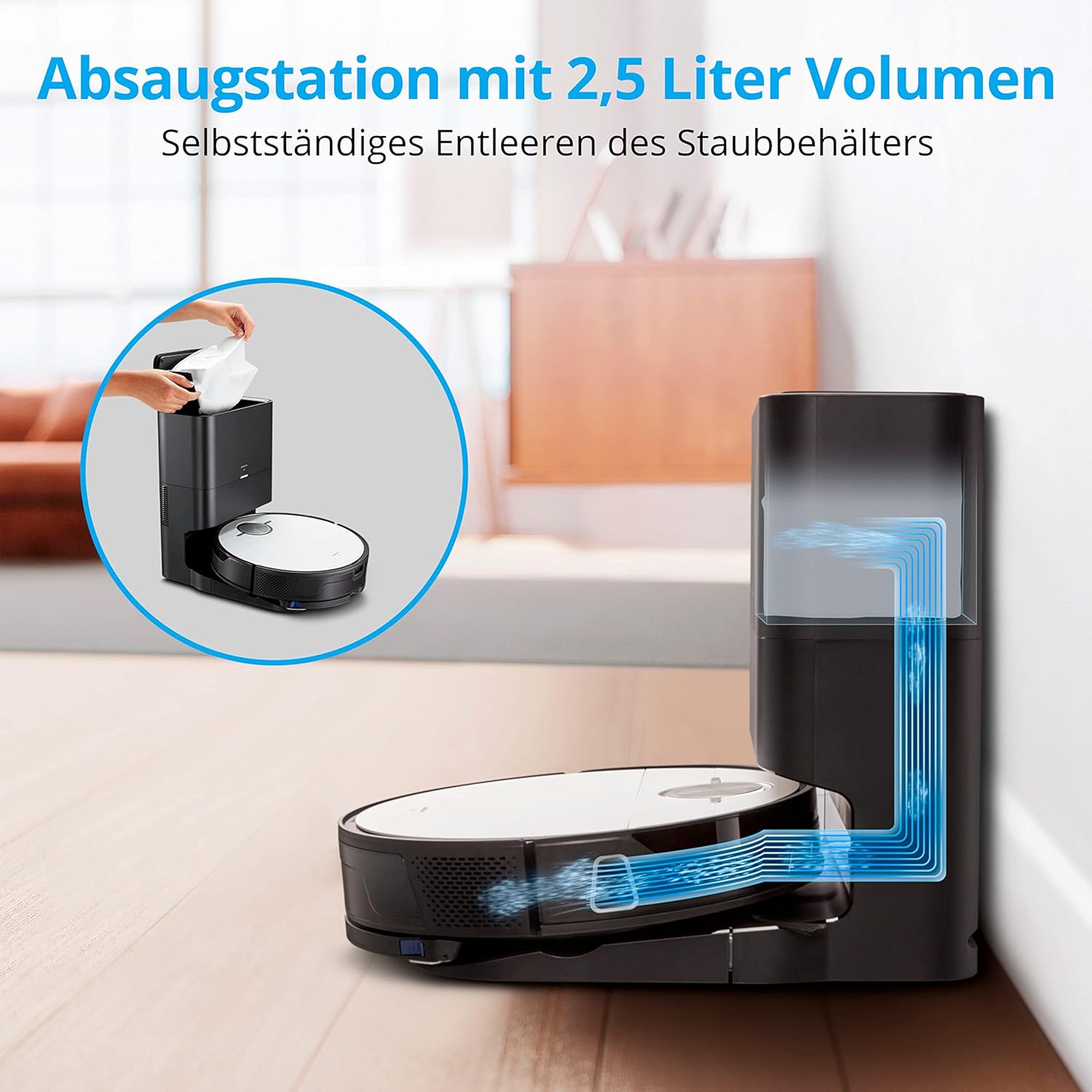 MEDION Saugroboter mit Absaugstation und Wischfunktion X50 SW (Lasernavigation, Starke 8000Pa Saugkraft, 2in1 Roboterstaubsauger, präzise Kartenerstellung, Go & No Go Bereiche, mehrere Etagen)