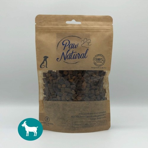 Petiscos naturais com sabor de cabra da Paw para cães.