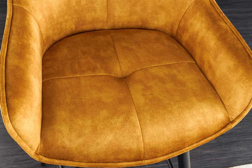 Design Barhocker EUPHORIA senfgelb Samt schwarze Metallbeine Barstuhl mit Lehne