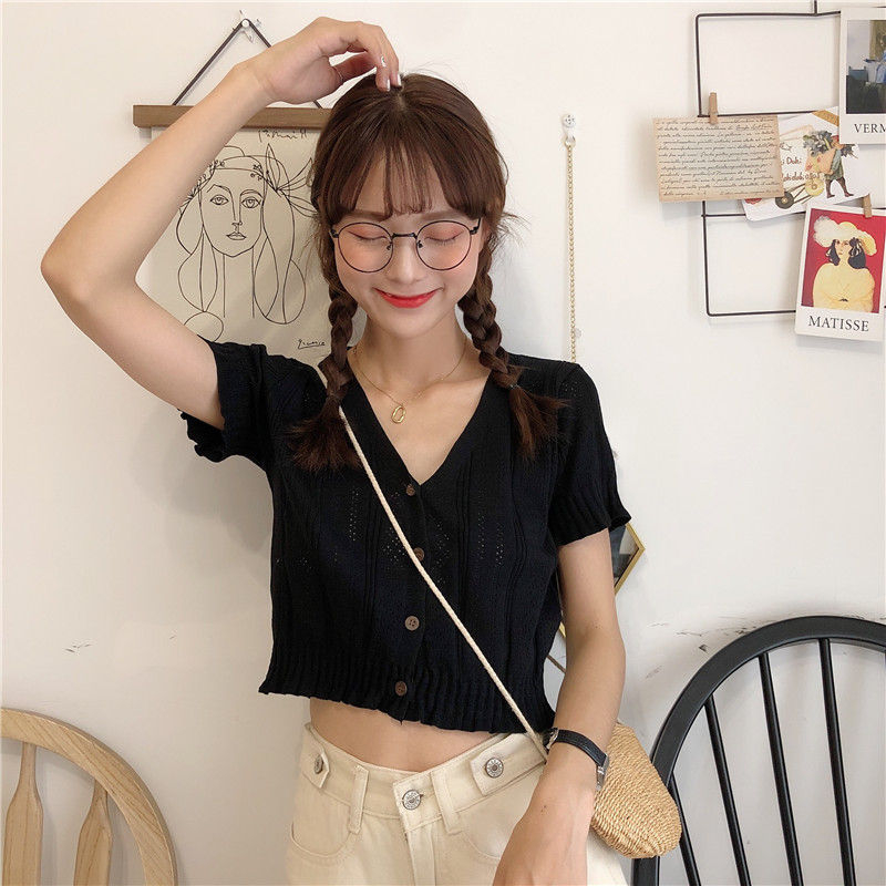 Maisee - Geperforeerde cropped cardigan met korte mouwen