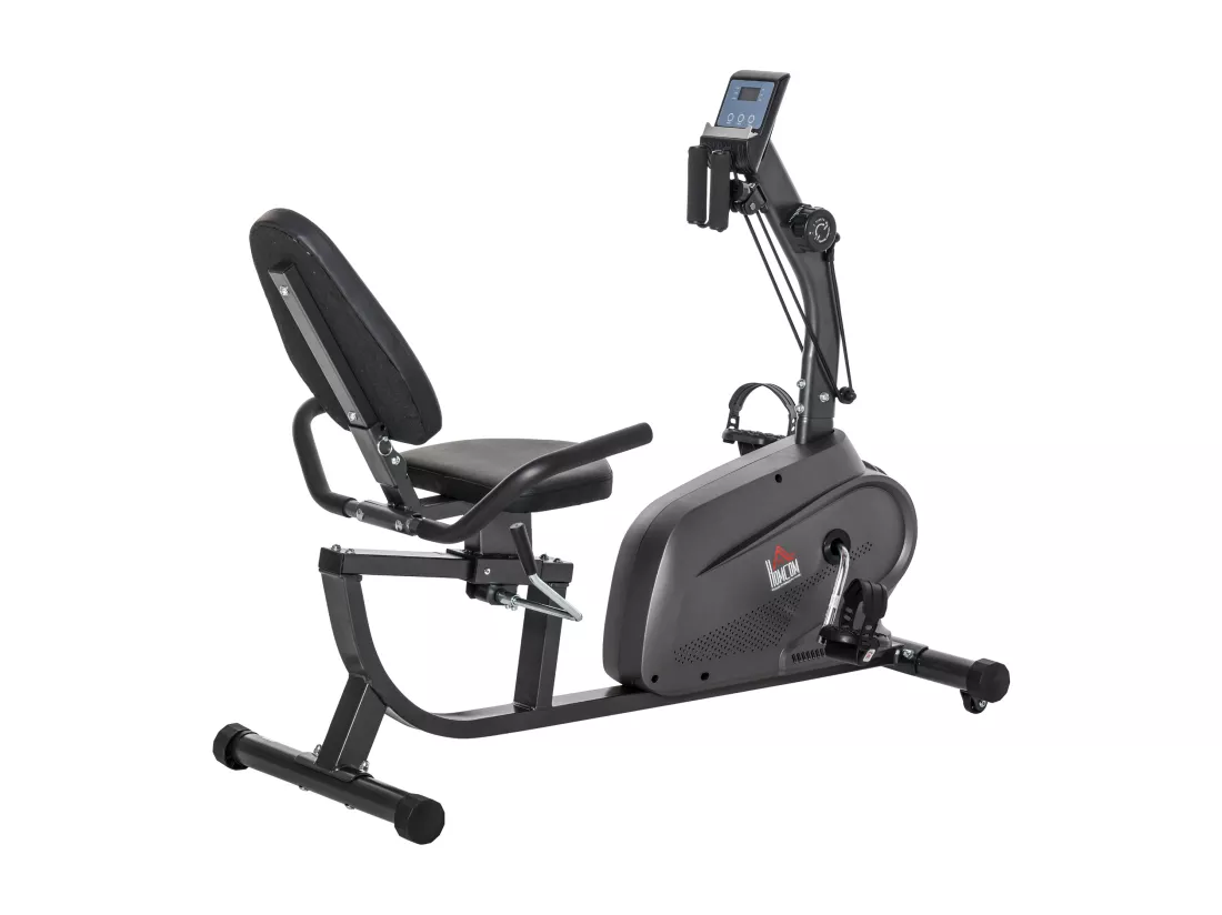 Vélo d'appartement semi-allongé magnétique écran LCD multifonction selle réglable 2 bandes résistance acier noir