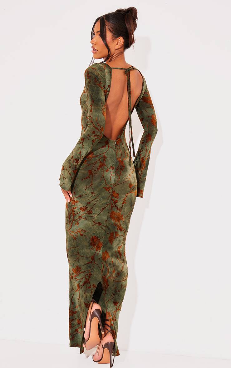 Vert Robe Longue Maxi À Manches Longues En Dévoré Fleuri
