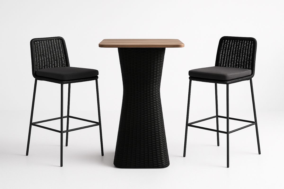 Bartisch Set aus Holz und Polyethylen Rattan Schwarz