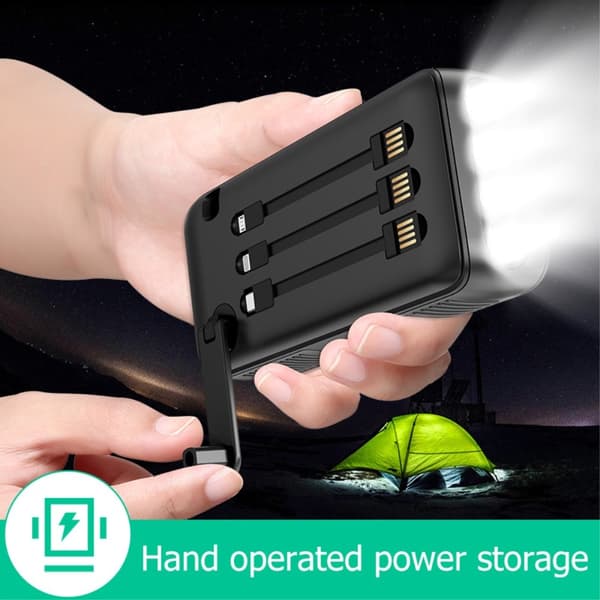 Håndsveiv 30000mAh Solar PowerBank Lightning/USB-C/mikrokabel