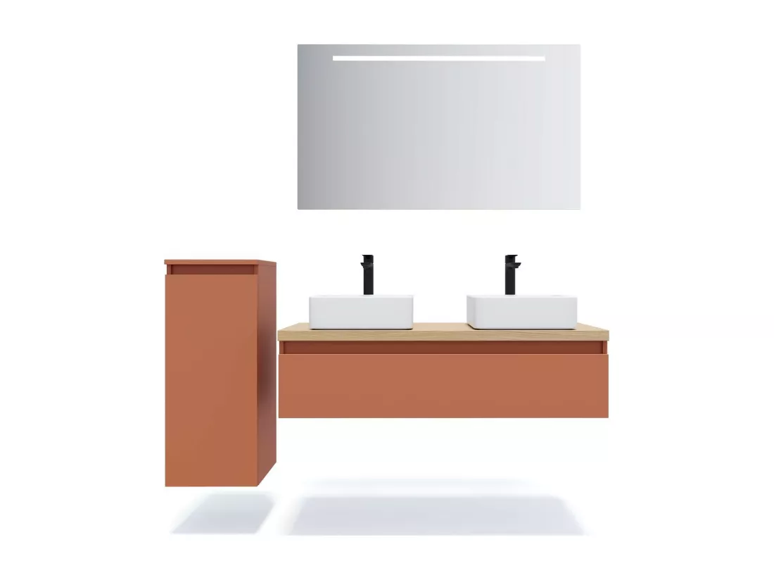 Meuble de salle de bain suspendu 2 vasques à poser 120cm 1 tiroir Terracotta - Hudson
