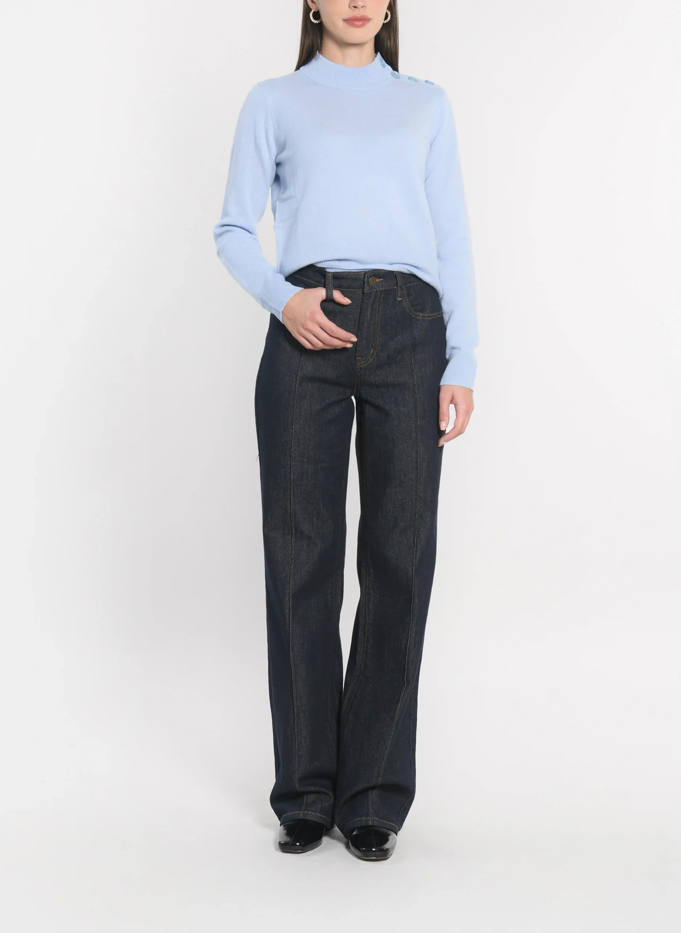 ANITA - Pull droit col montant en laine | Bleu