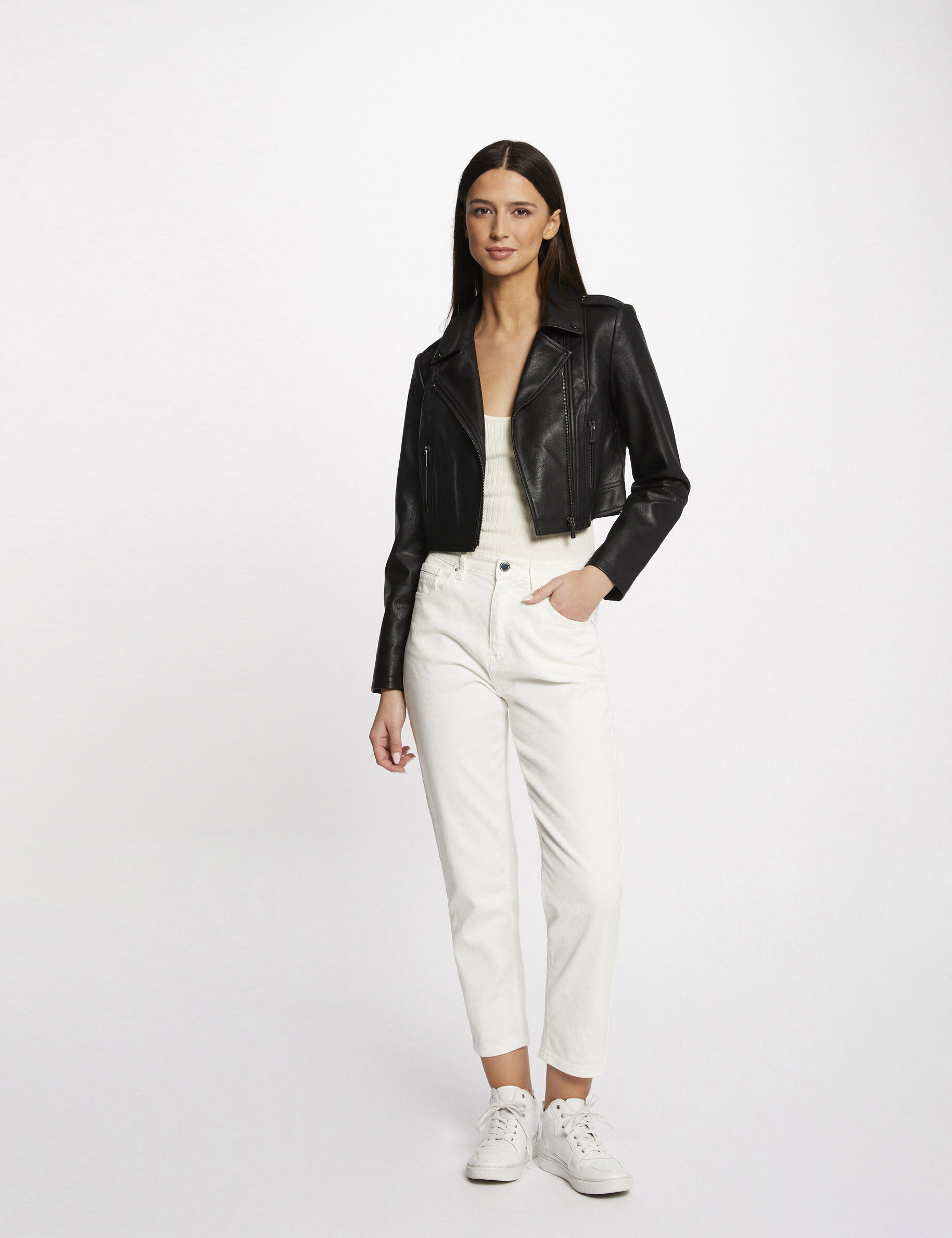 Blouson droit zippé simili cuir noir femme - noir