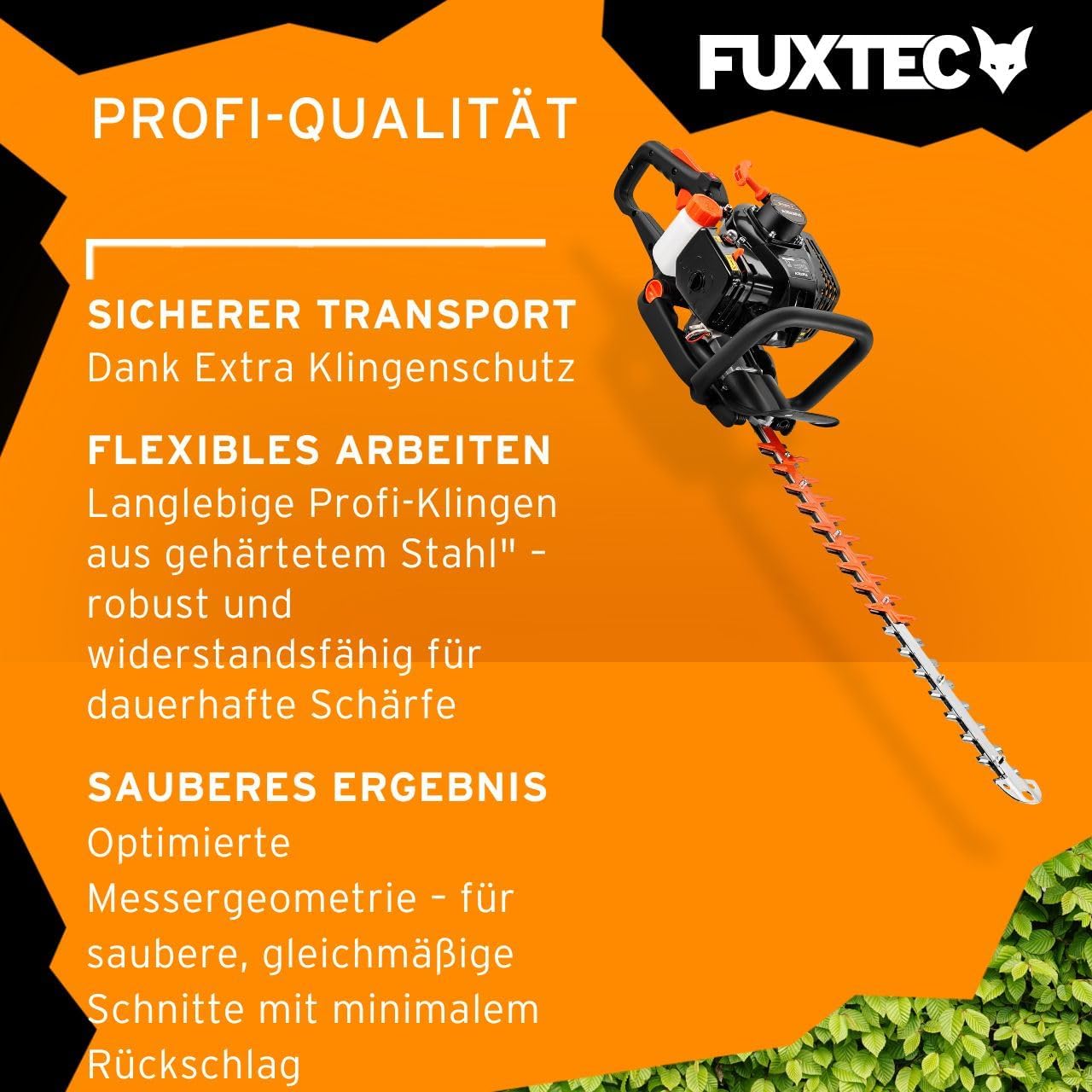 Fuxtec Benzin-Heckenschere FX-MH123ECO, Heckenschneider mit langlebigen Profi-Klingen aus gehärtetem Stahl, 560 mm Schnittlänge, Fliehkraftkupplung, ergonomischer Griff, starker 2-Takt-Motor