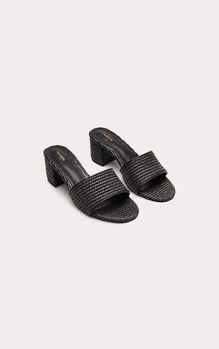 Noir Mules À Talon Bloc En Raphia Coupe Large