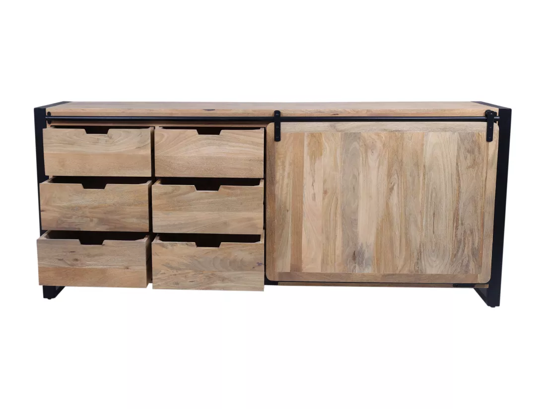 Buffet avec 1 porte et 6 tiroirs en bois de manguier et métal - Naturel et noir - HARLEM II