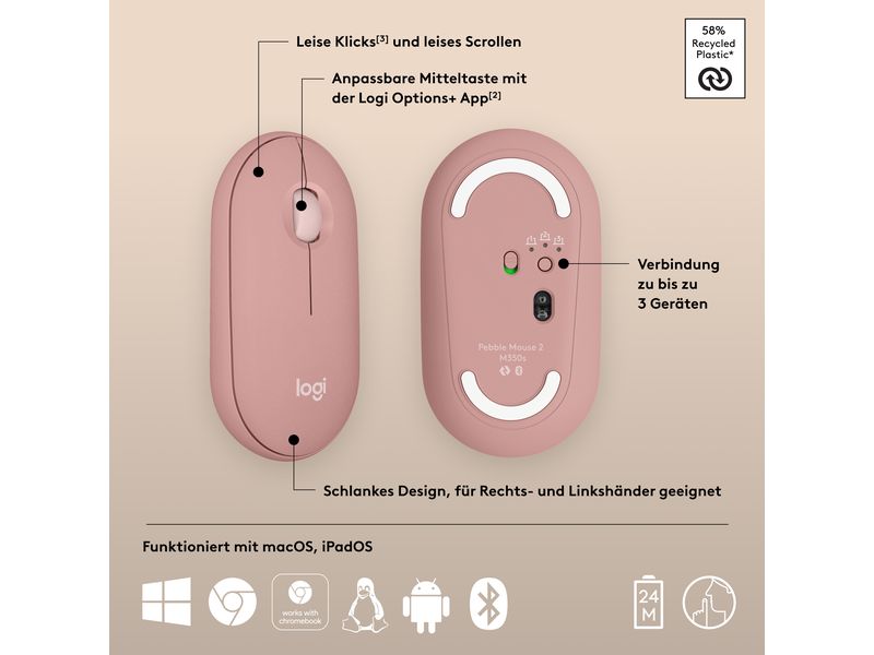 Logitech Pebble 2 M350s Schlanke Bluetooth-Maus mit geräuscharmen Tasten