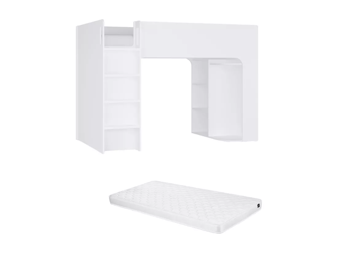 Lit mezzanine 90 x 190 cm avec rangements - Blanc - Avec matelas - COLUMI