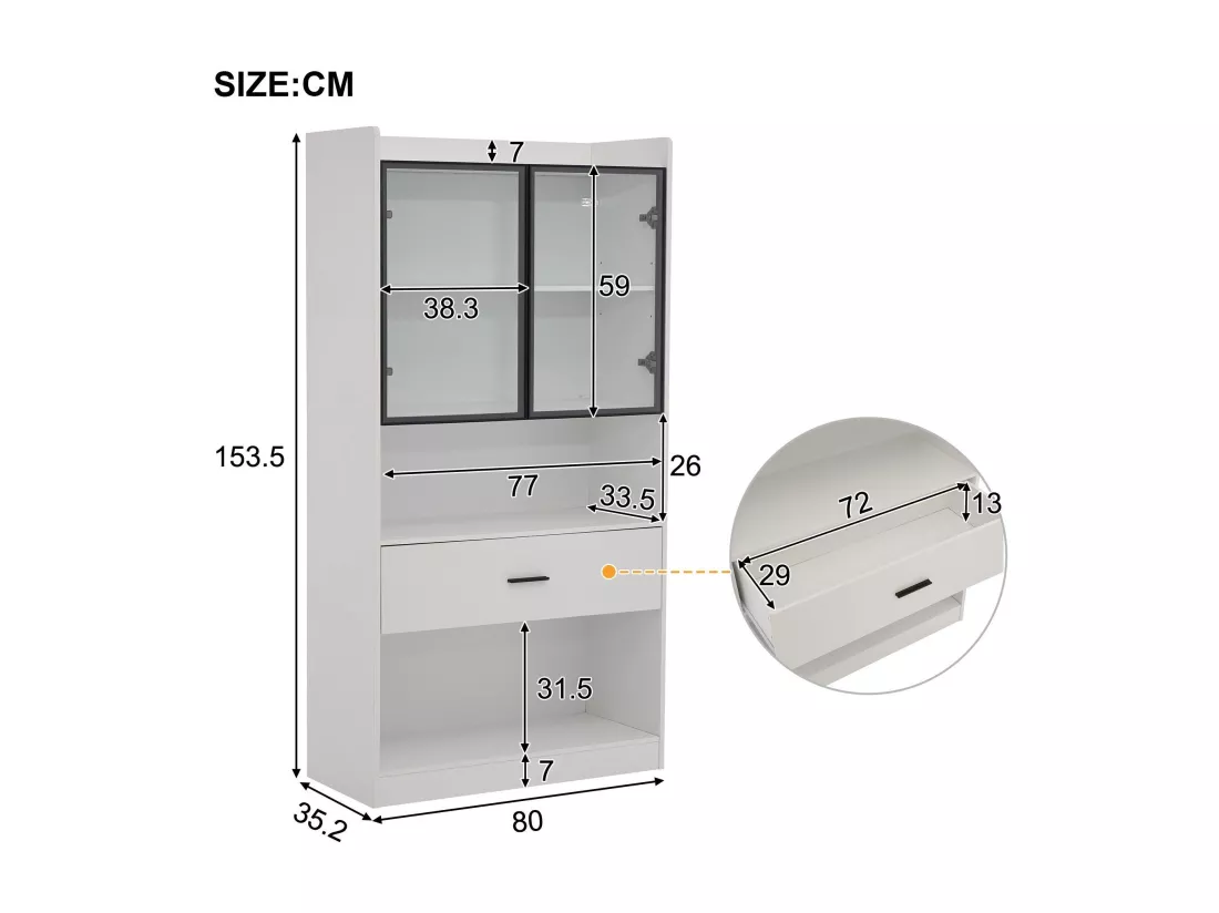 Vitrine 32x80x153.5 cm avec LED - 2 portes vitrées et 1 grand tiroir - Blanc