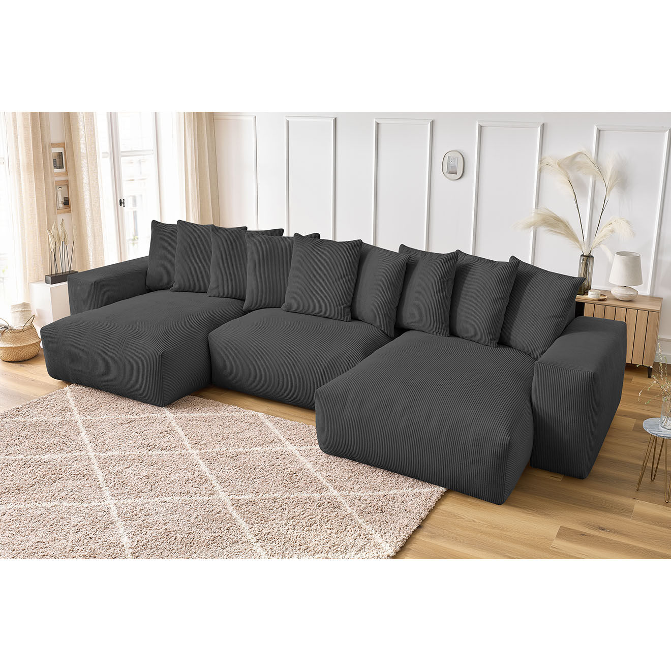 Bobochic Canapé panoramique fixe ultra moelleux voltaire velours côtelé gris foncé - 420x174x75 cm