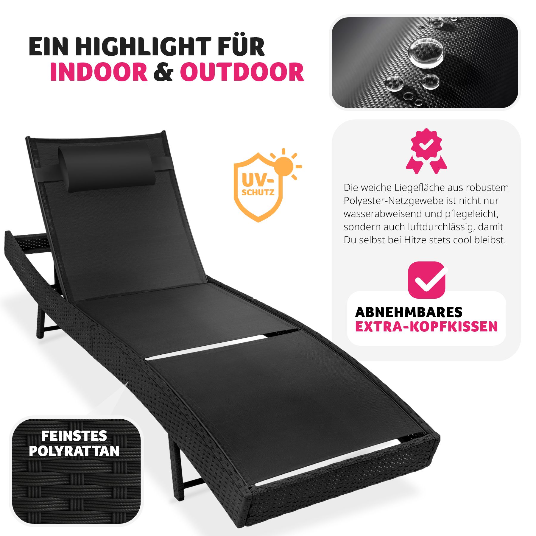 tectake® Rattan Sonnenliege, widerstandsfähig und UV-beständig, 6-fach verstellbare Rückenlehne, 69 x 211 x 41 - 94 cm