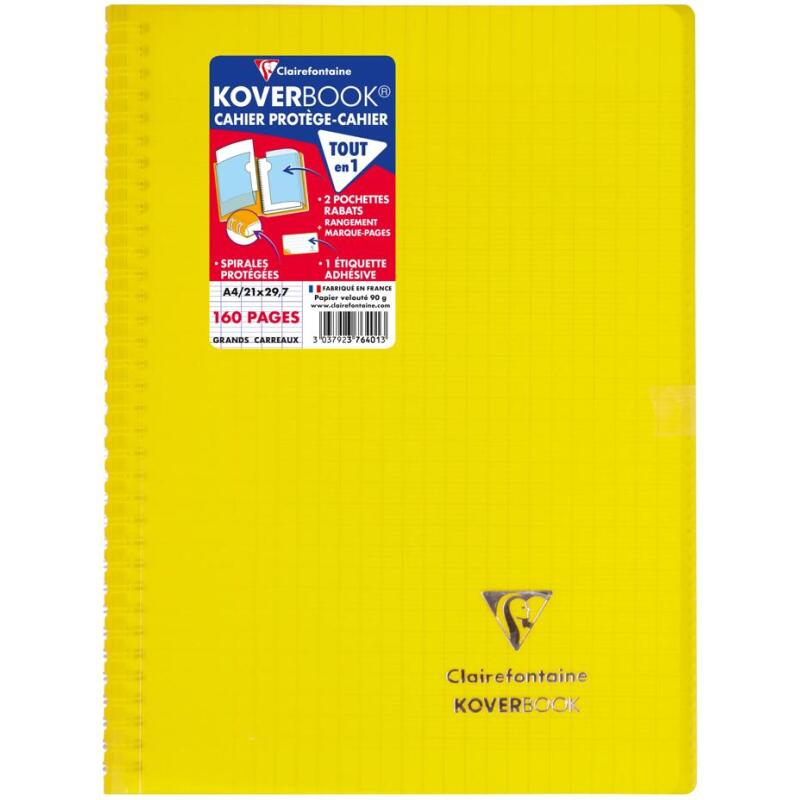 Cahier reliure intégrale enveloppante Koverbook A4 160 pages grands carreaux couverture polypropylène transparent - Assortis