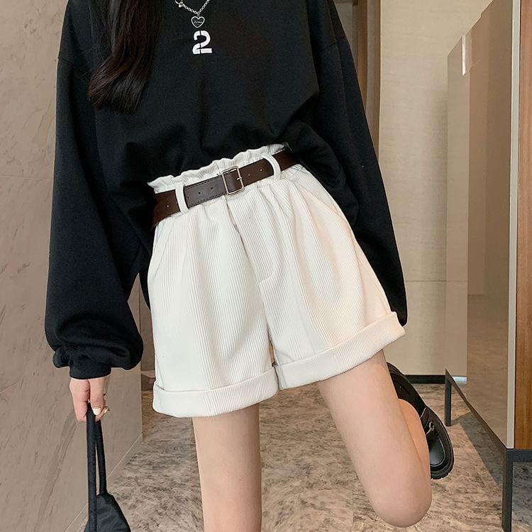 Polygato - Hoge taille effen corduroy wijde pijpen shorts / riem / set