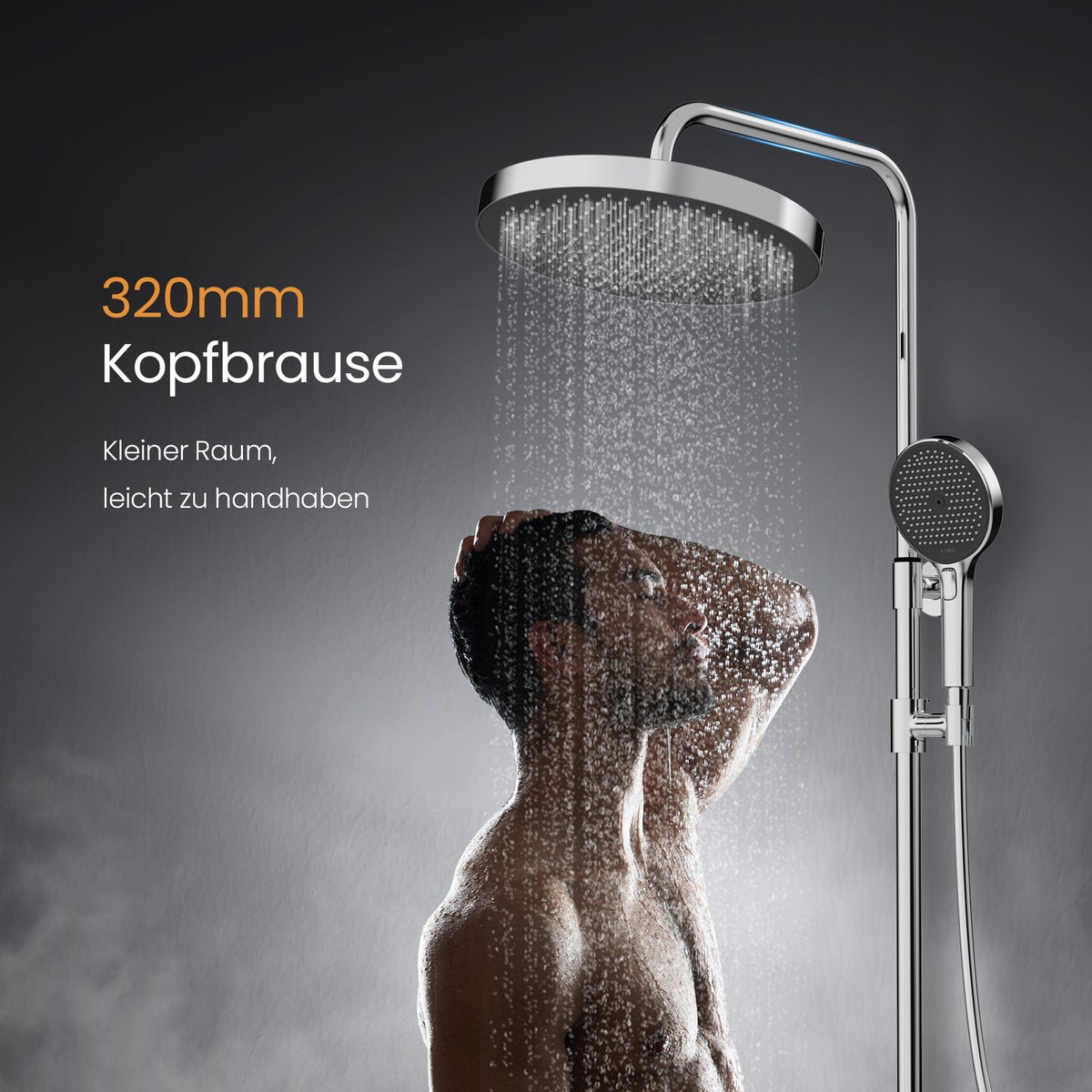 EMKE Douchesysteem Thermostaat Doucheset met 40cm Thermostaatplaat, Hoogte 83cm, 3 Straalsoorten, Douchestang, Handdouche, Regendouche, Waterafvoer