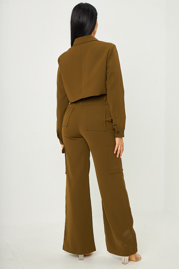 Ensemble 2 pièces veste courte + pantalon large poche cargo kaki