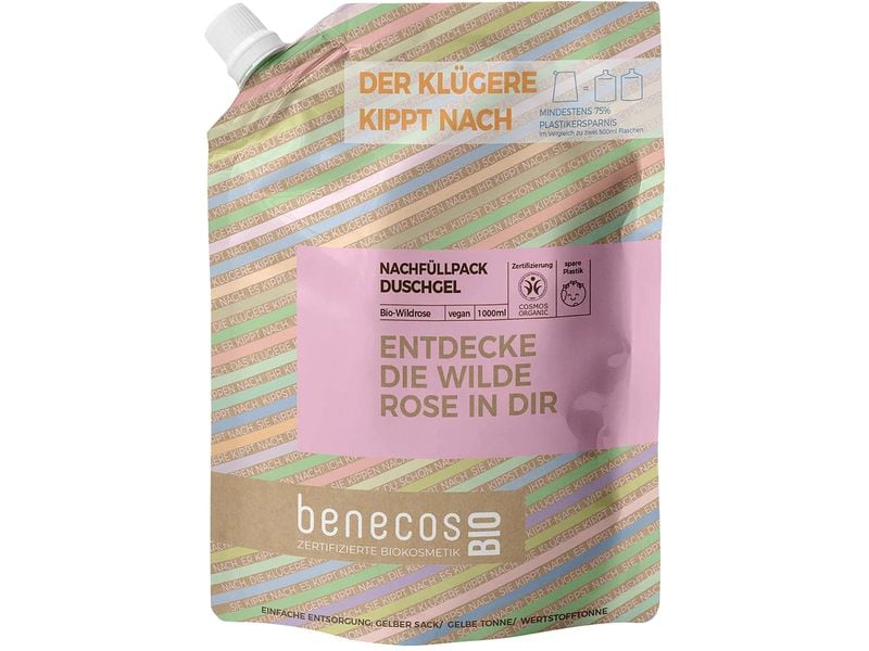 Benecos Nachfüllbeutel Duschgel BIO-Wildrose 1000 ml Umweltschonender Nachfüllbeutel mit Bio Duschgel mit betörender Bio-Wildrose