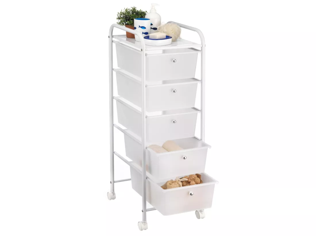 Caisson sur roulettes GINA chariot avec 5 tiroirs en plastique blanc transparent et 1 étagère, rangement salle de bain métal blanc