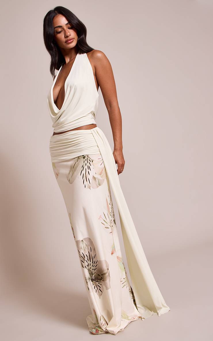 Crème Jupe Longue Imprimée Taille Froncée Co-ord Petite