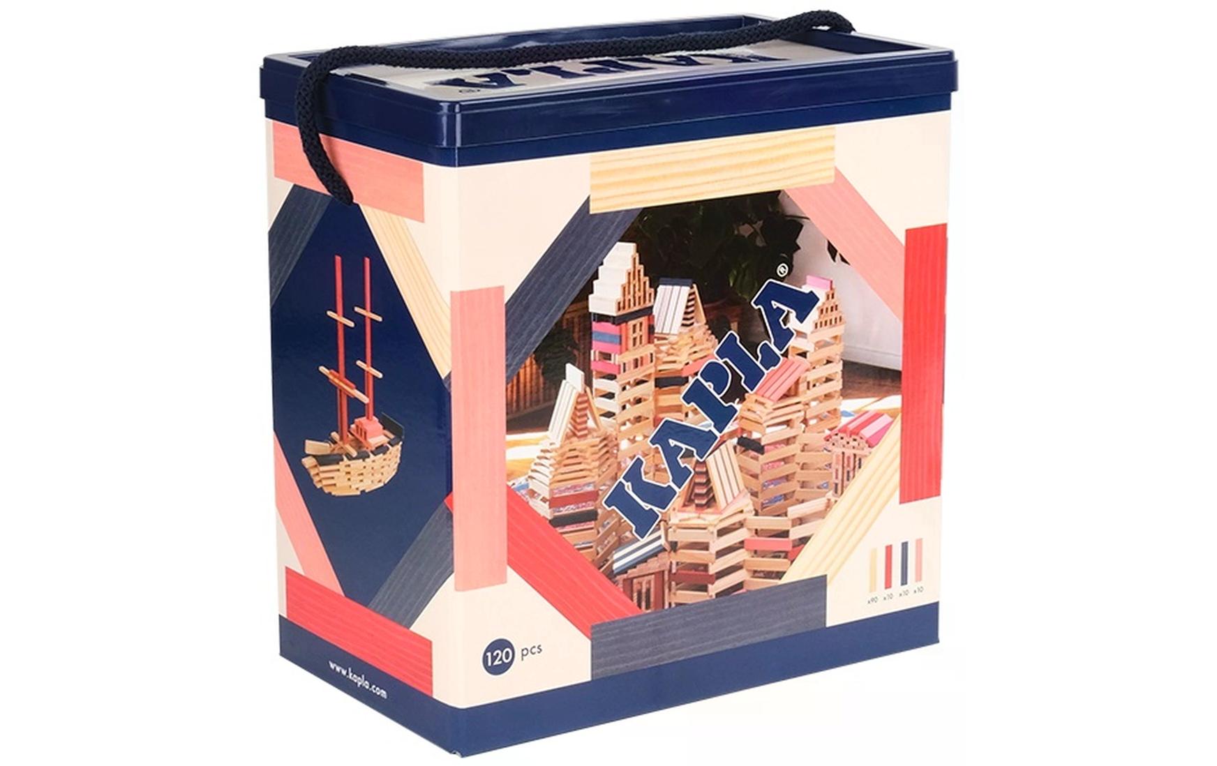 Baukasten 120er Box Rot, Rosa, DunkelblauBausteine aus naturbelassenem Pinienholz