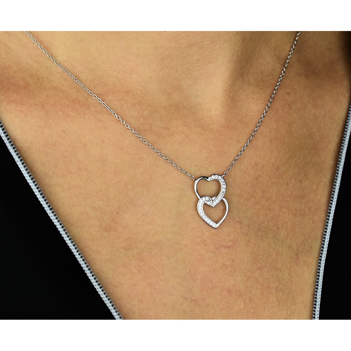 Collier 2 coeurs superposés sertis d'oxyde de zirconium Argent 925 Rhodié