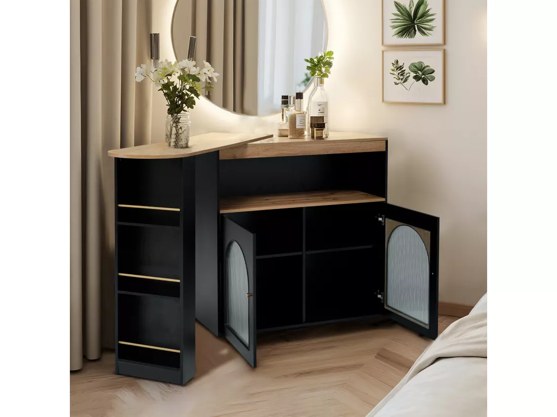 URBAN MEUBLE Vanité extensible rotative moderne noir avec rangement et bande lumineuse LED