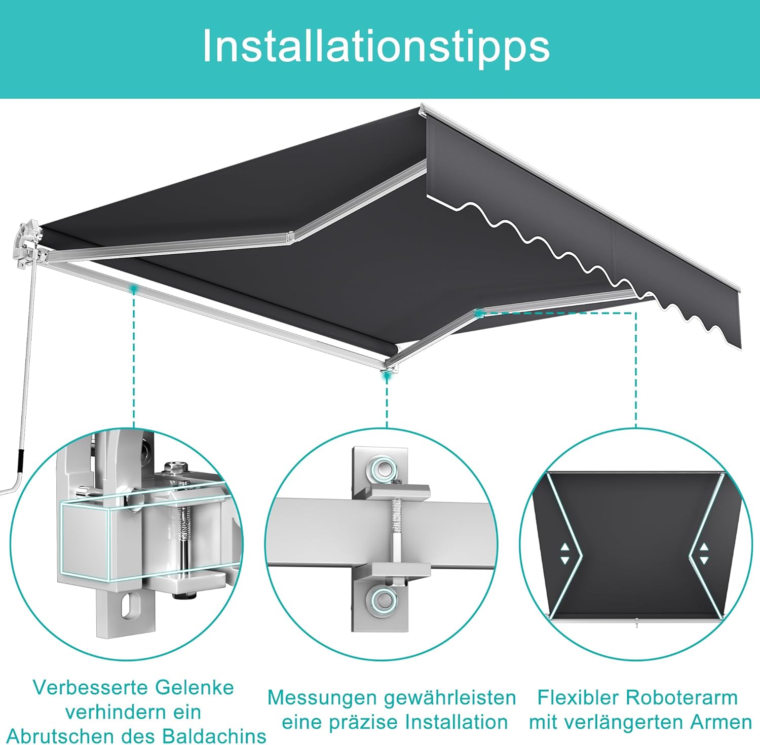 Aufun Manuelle Gelenkarmmarkise Markise Balkon aus Alu und Polyester, Einziehbar Sonnenschutz Markisenabdeckung mit Handkurbel, Wasserdicht Anti-UV für Balkon Terrasse Außen(250x200 cm, Dunkelgrau)