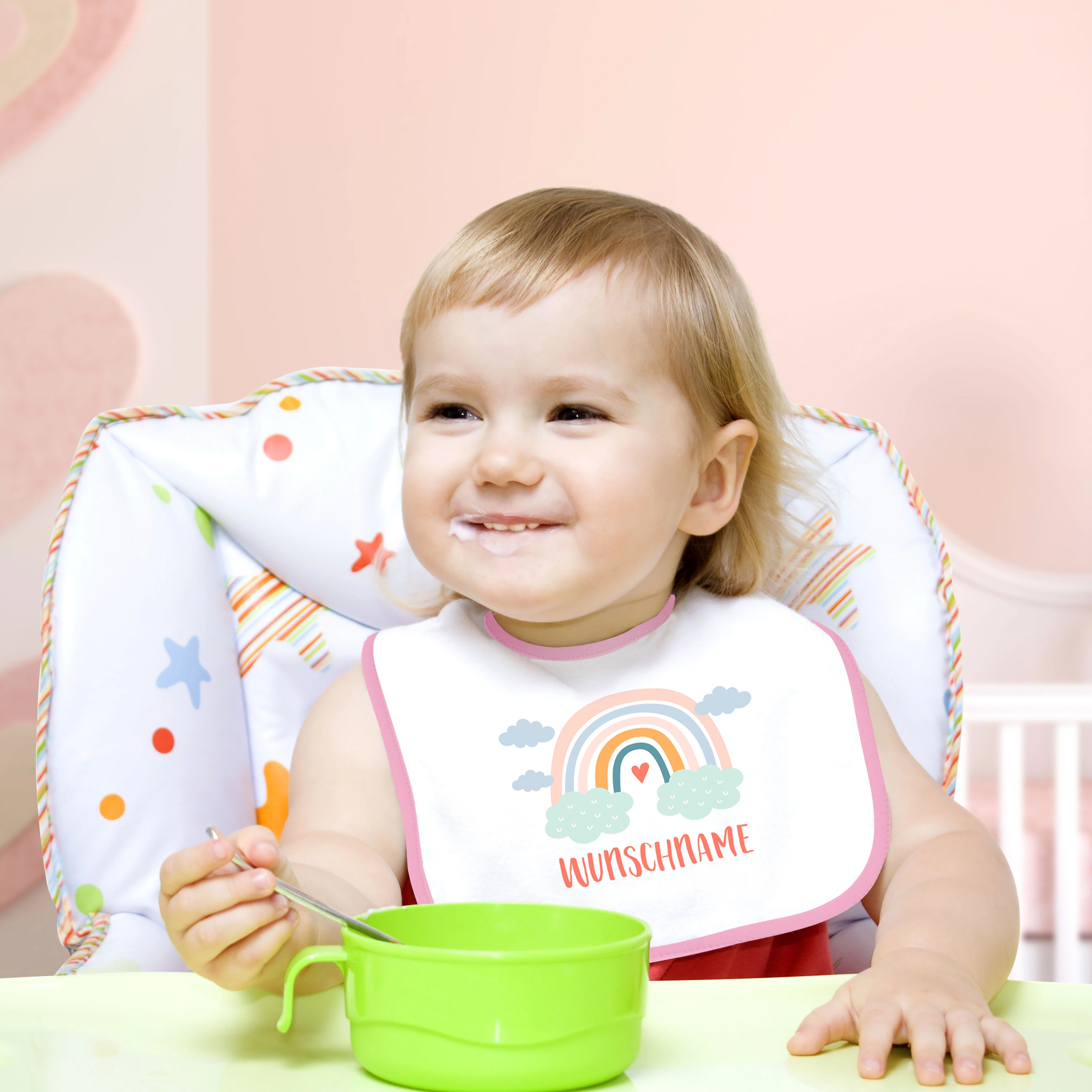 Baby-Lätzchen mit Namen, rosa (Motiv: Rainbow)