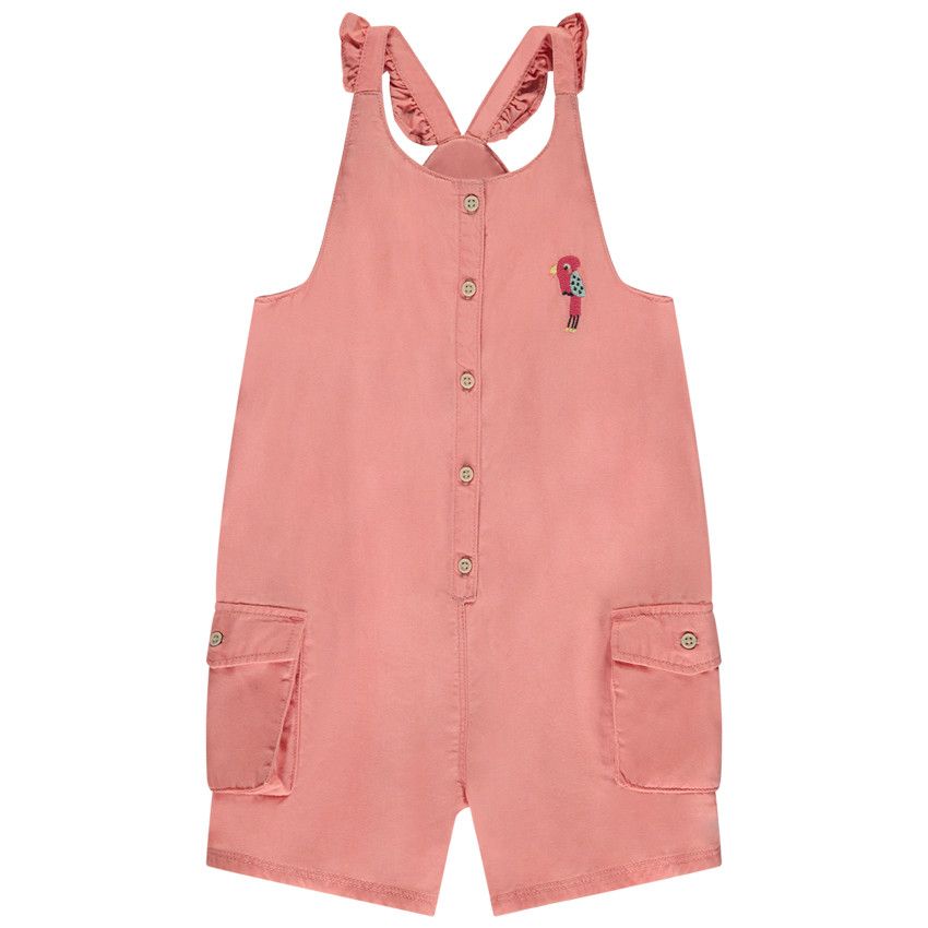 Salopette courte broderie oiseau pour bébé fille - Fuchsia