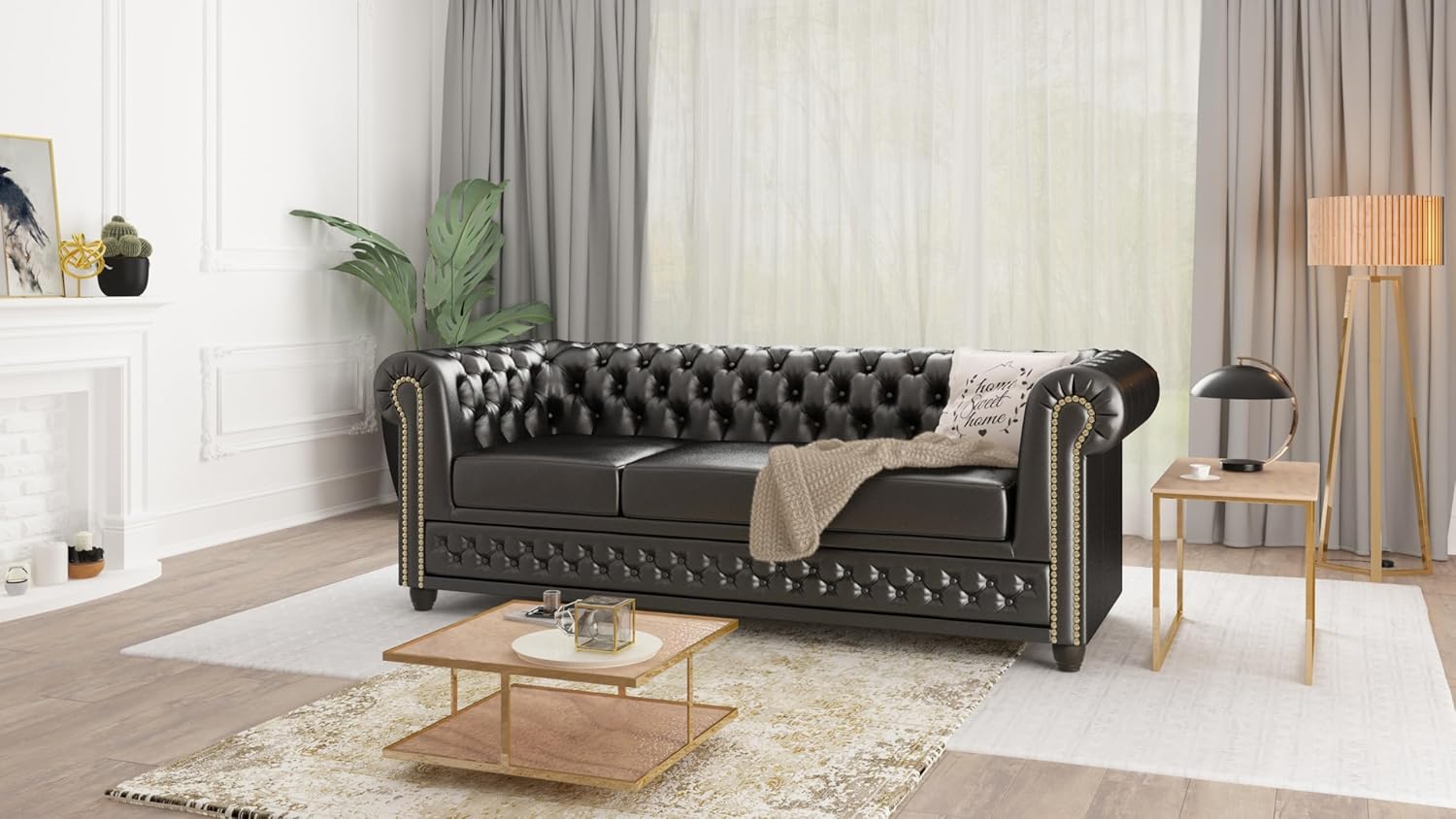 George Sofa 3-Sitzer Chesterfield-Sofa für Wohnzimmer Lounge Couch Aus Veganem Leder Möbel Freistehende Polster Sofas & Couches Couchgarnitur Schwarz 203 x 86 x 72 cm
