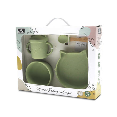Set 4 pièces silicones avec bol + assiette + tasse et cuillère VERT - LORELLI