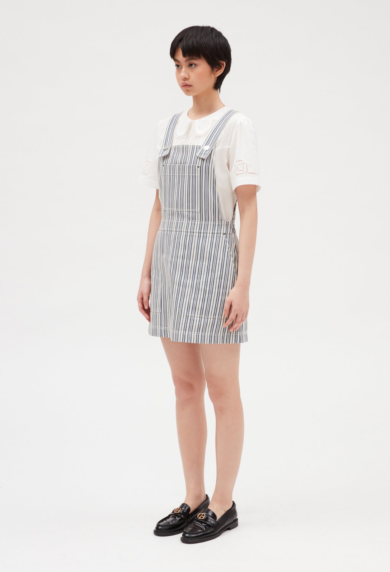 Robe salopette courte denom &agrave; rayures