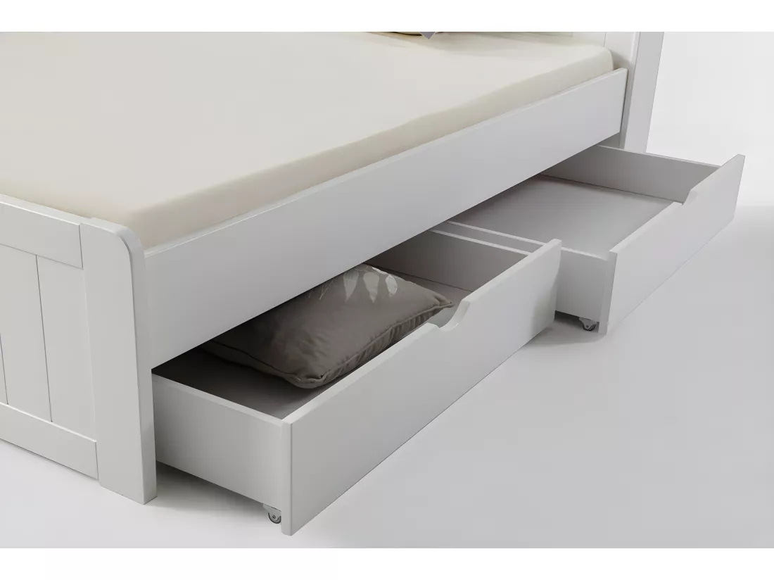 Lit avec rangements 140 x 190 cm - Pin - Blanc + Sommier - MEDERICK