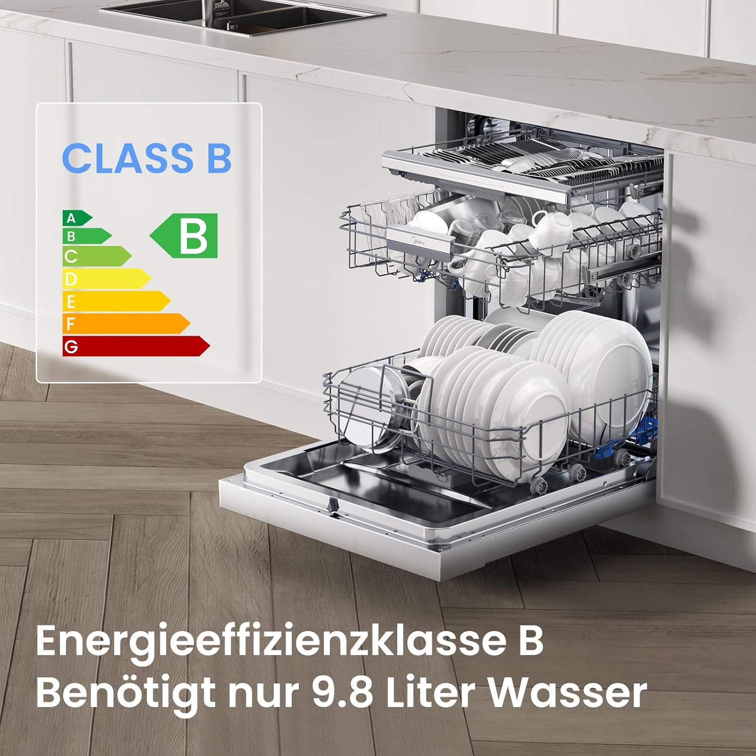 Midea SU 7.35X14BS Geschirrspüler 60cm Unterbau, 14 Maßgedecke Spülmaschine Teilintegrierbar mit WiFi, Extra Trocknung, 8 Programme, 42dB, 1-24h Startzeitverzögerung, Inox