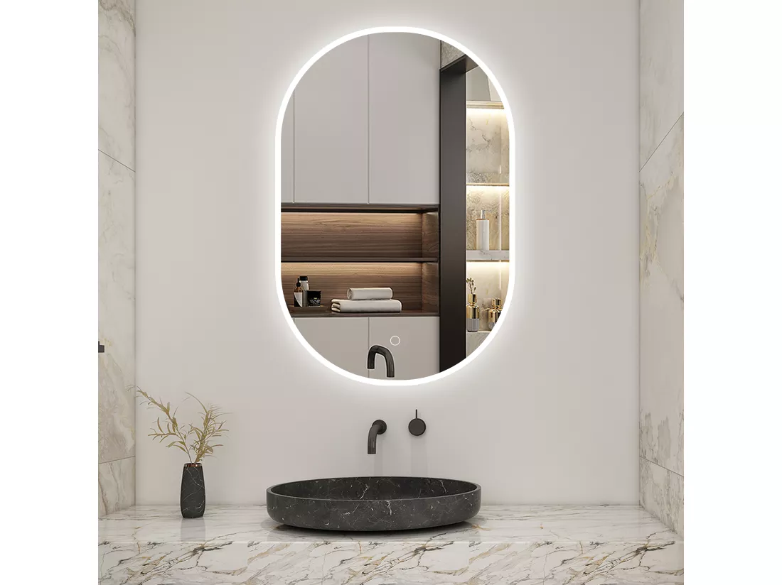 AICA LED Miroir lumineux ovale 50 x 70cm avec anti-buée + 3 Couleurs + dimmable + mémoire, Miroir salle de bain