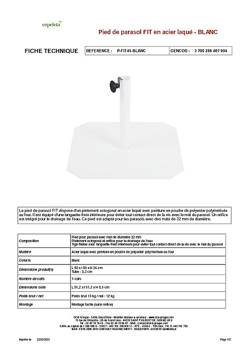 Pied de parasol FIT en acier laqué blanc
