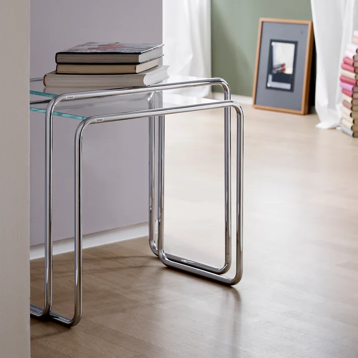 Thonet - B 9 Satztisch-Set, a   b, Chrom / Glas opalweiss in Diamantschliff