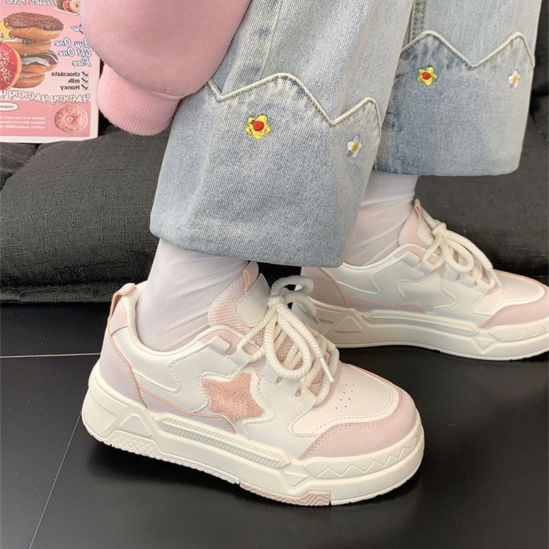 caneik - Platform Star Patterned Panel Sneakers