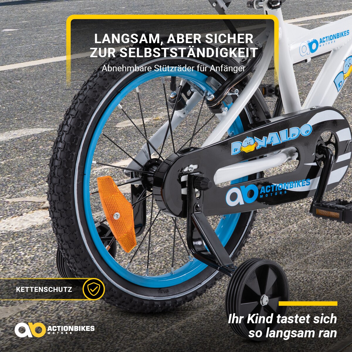 Actionbikes Kinderfahrrad Donaldo 16 Zoll, V-Brake-Bremsen, höhenverstellbar, Stützräder, Korb