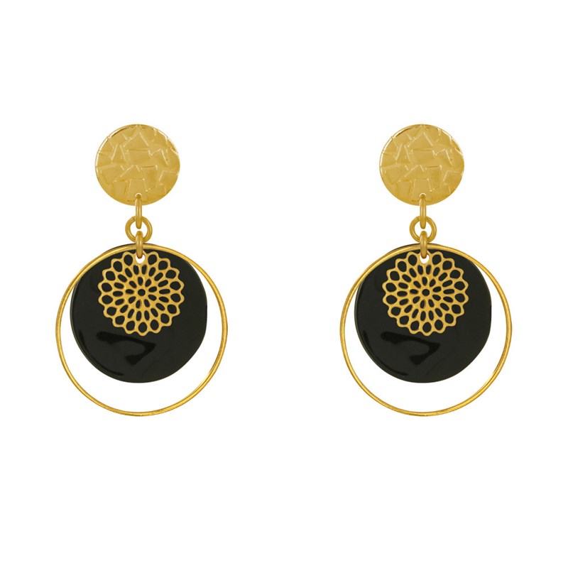 Boucles d'Oreilles Clous Métal Doré Cercle et Pastille de Nacre