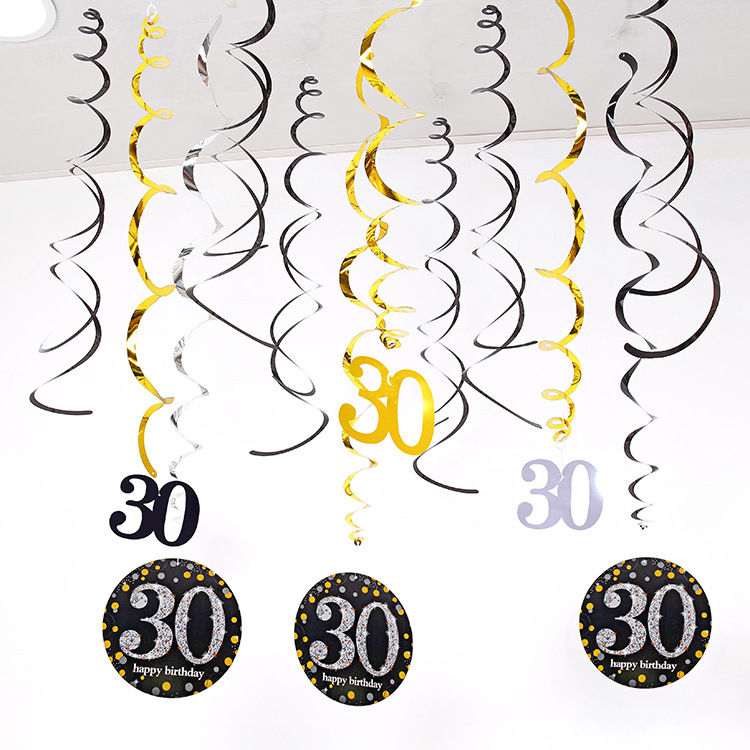 (32-tlg. Set) Cheers to 30 Years Girlande Geburtstags Party Deko Latex Luftballons mit Konfetti / Spiral Girlande / Streukonfetti - Schwarz / Gold